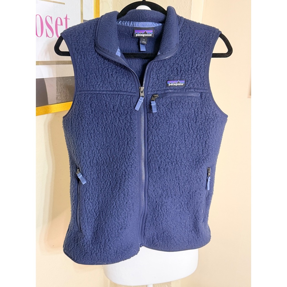 Patagonia Womens Retro Pile Fleece Vest Navy Blue Full Zip Sleeveless Jacket S